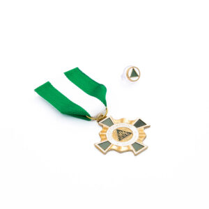 Medalha bolso em metal banho de ouro esmaltado fita chamalote com roseta
