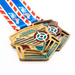 Medalha em metal banho de ouro e cobre velho com fita digital