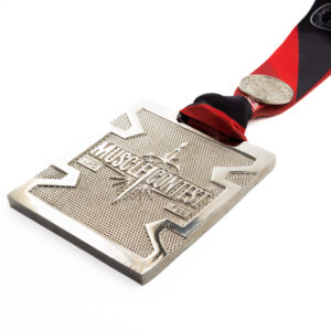 Medalha em metal 3D banho de níquel com aplique em metal e fita digital gravata