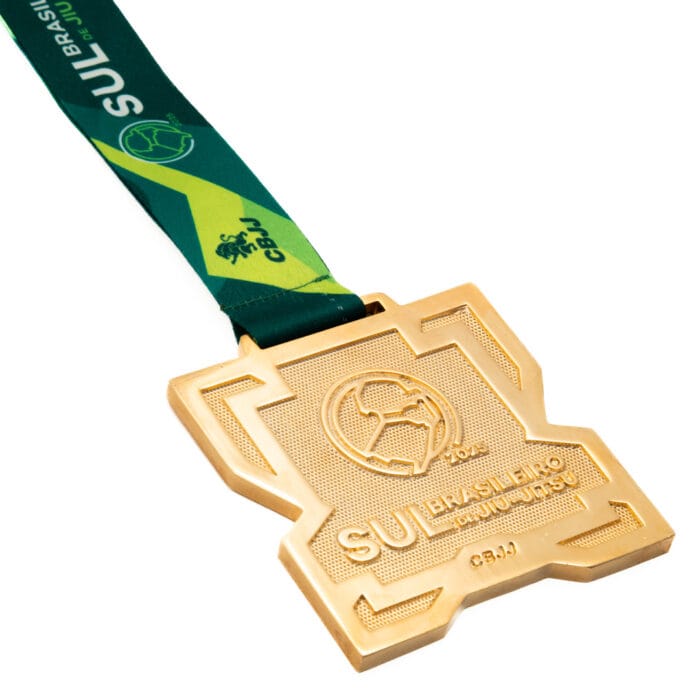 Medalha em metal 3d banho de ouro com fita digital